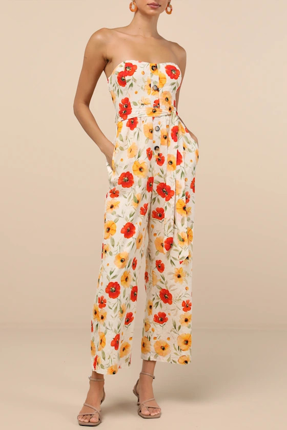 Sunny Day Classic Ivory Floral Strapless Jumpsuit | Lulus