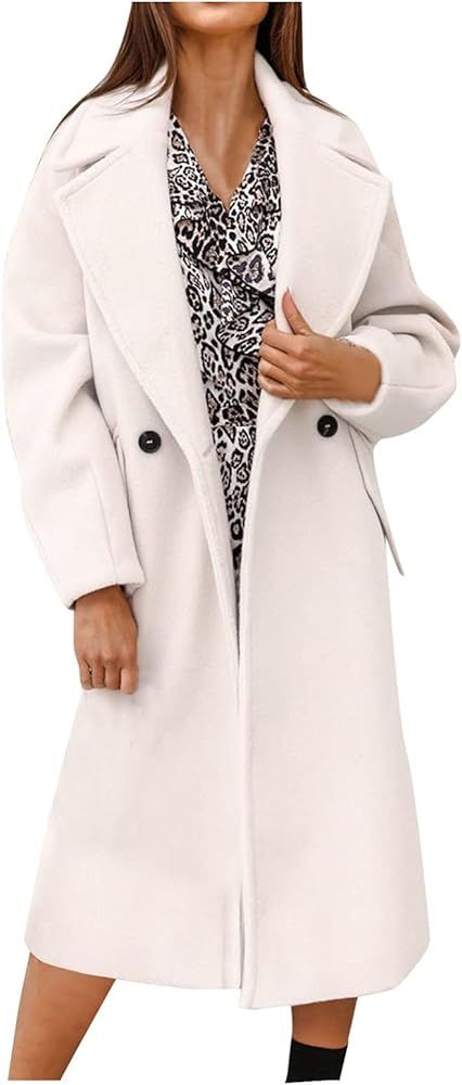 Women Winter Thicken Overcoat Solid Warm Long Coat Lapel Singke Breasted Wool Outwear Plus Size O... | Amazon (US)