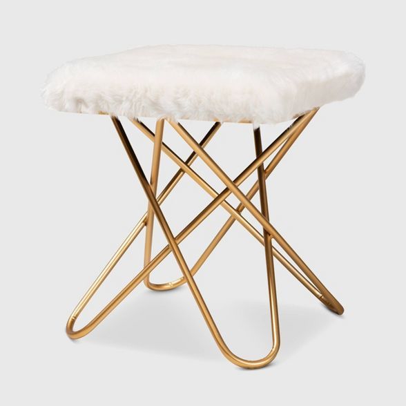 Valle Faux Fur Upholstered Metal Ottoman White/Gold - Baxton Studio | Target