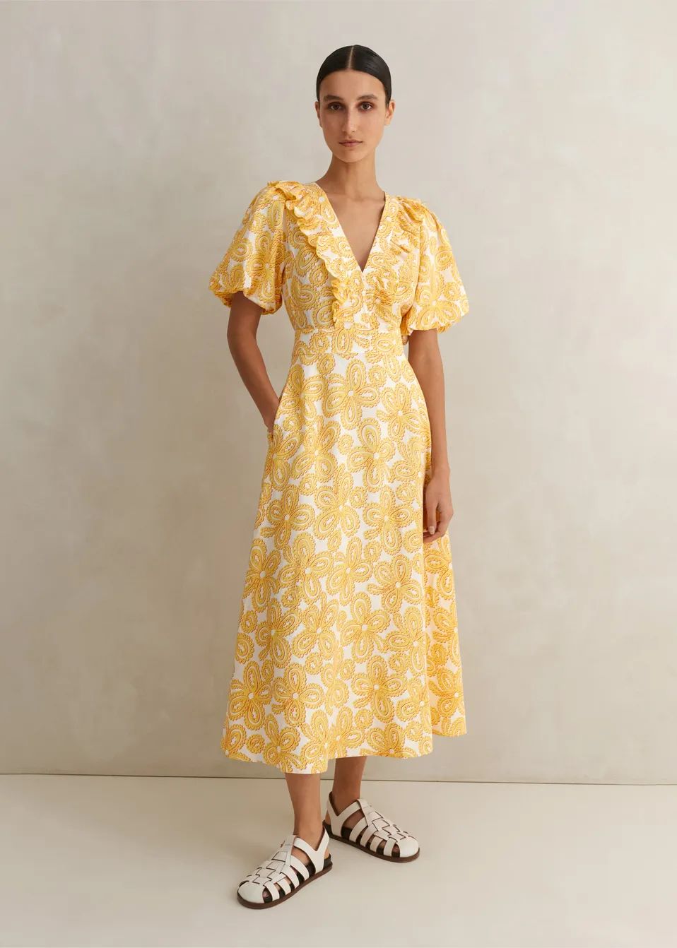 Linen-Blend Lace Print Midi Dress | ME+EM Global (Excluding US)