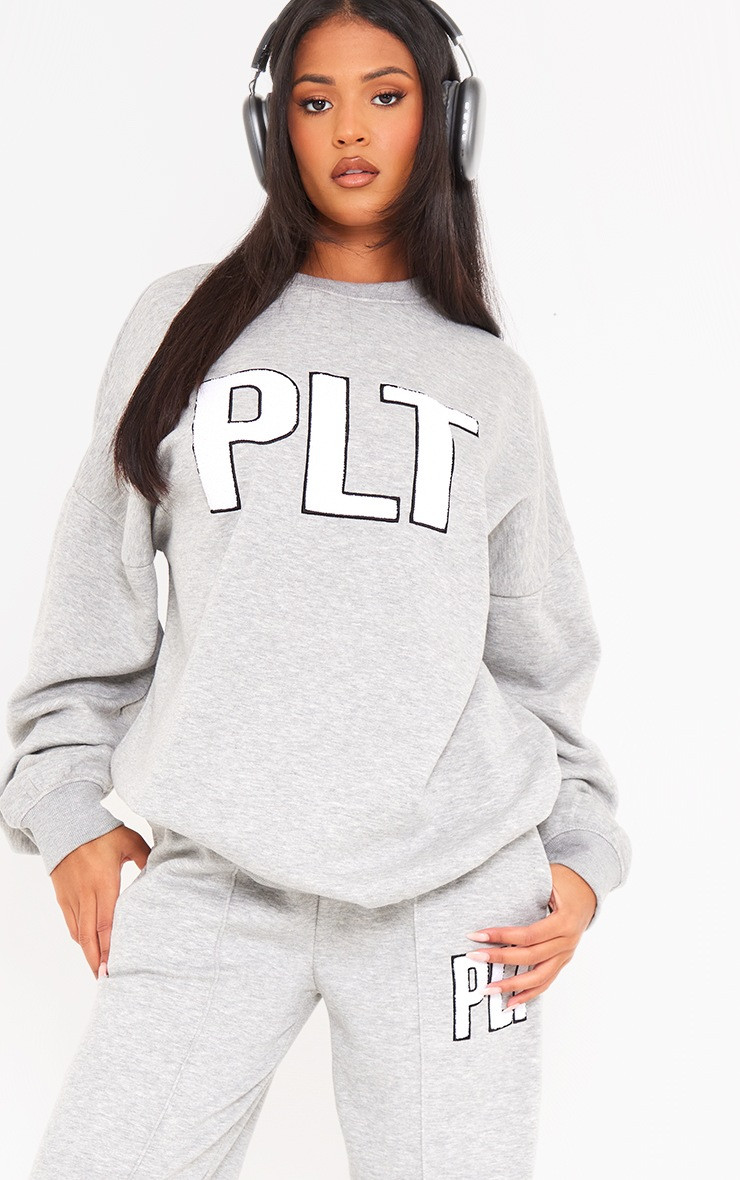 Plt Tall Ash Grey Borg Applique Sweatshirt | PrettyLittleThing US