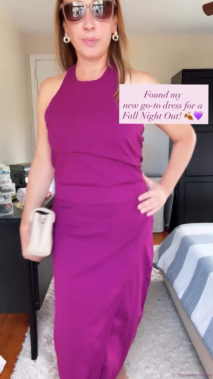 Found my 
new go-to dress for a 
Fall Night Out! 🍂💜 @juliaamory 

Fall wedding guest dress
Girls night out look

#LTKootd #LTKgrwm #LTKWedding