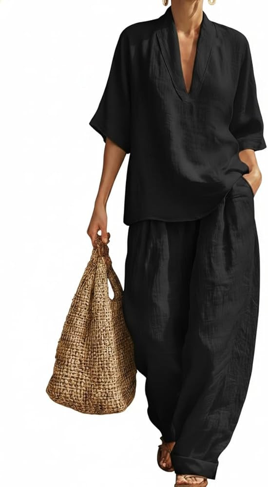 Women's Linen 2 Piece Pants Set V Neck Short Sleeve Top and Loose Wide Leg Pants Casual Travel Ma... | Amazon (US)