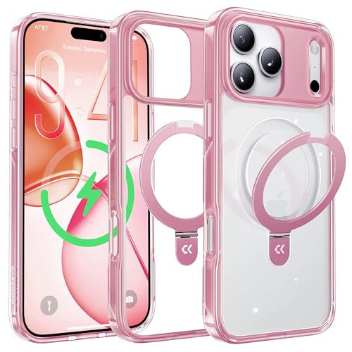 CASEKOO Pink for iPhone 17 Pro Case with Ultra Magnetic Stand, Fit for MagSafe, 16FT Military Grade Protection, Kickstand for Viewing & Work, Clear Back, Pink | Amazon (US)