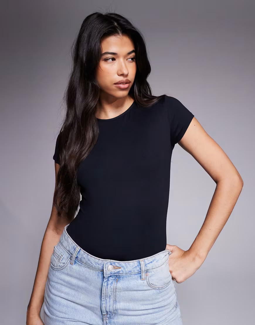 ASOS DESIGN polyamide slinky short sleeve bodysuit in black | ASOS (Global)