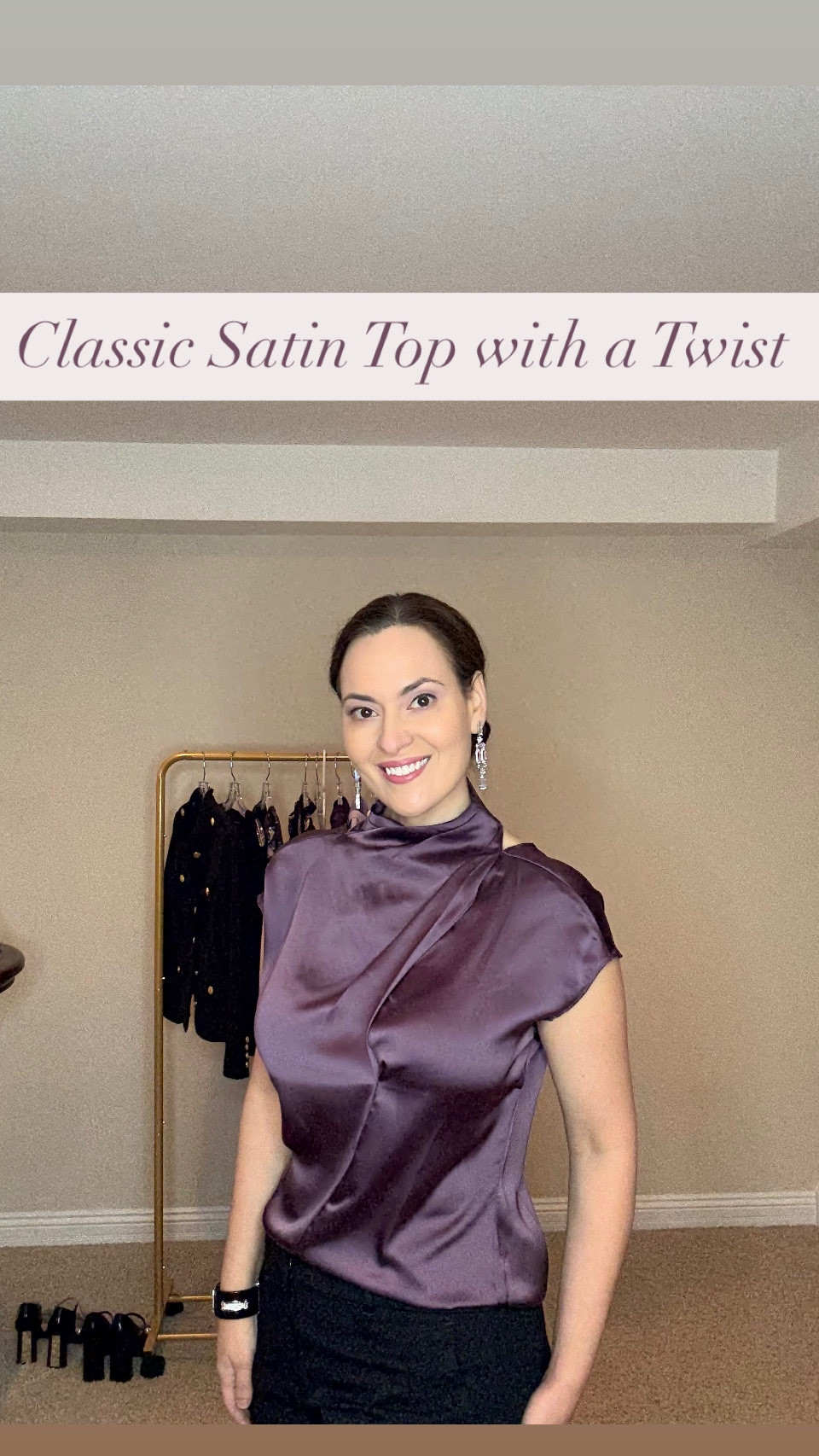 A modern twist on a classic satin blouse. This draped purple satin cap sleeve top is so pretty for Fall and going into the Holiday Season. The color photographs really well so a nice choice to wear for Holiday family photos. The top runs a little big - I’m wearing the XS. The black pants are the mid rise piper flare pant also from WHBM  

#LTKSeasonal #LTKSaleAlert #LTKStyleTip