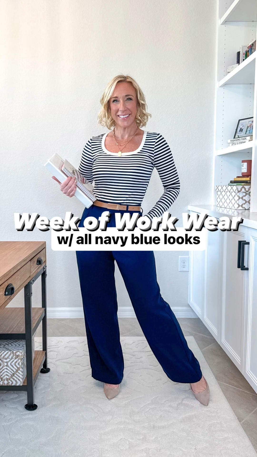 Week of Work Wear (with all navy blue looks):
MONDAY: marked dress - size small // jean jacket - old (sorry).
TUESDAY: striped long sleeve tee (in a navy stripe) - size small // navy trousers - size 2 (and I hemmed them).
WEDNESDAY: blazer - size small // t-shirt (part of a set) - size small // satin slip skirt - size small.
THURSDAY: tie overalls - size medium // white t-shirt - size small. 
FRIDAY: lady cardigan - size small // jeans - size 4.
• set from beginning - size small. 

#LTKSeasonal #LTKVideo #LTKWorkwear