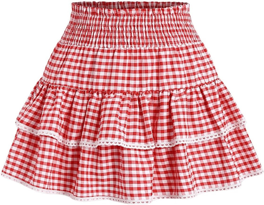 Women's Y2K Gingham Skirt Plaid Ruffle High Waist A-Line Cake Mini Skirts with Lace Hem | Amazon (US)