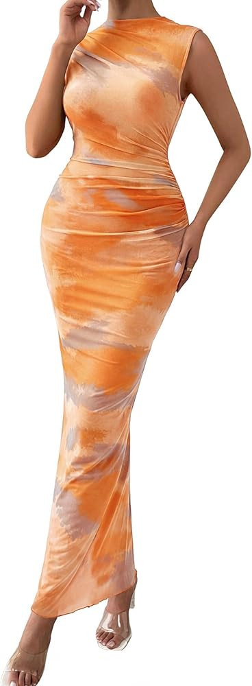 PRETTYGARDEN Summer Dresses for Women 2026 Sleeveless Bodycon Maxi Spring Mock Neck Tie Dye Mesh ... | Amazon (US)