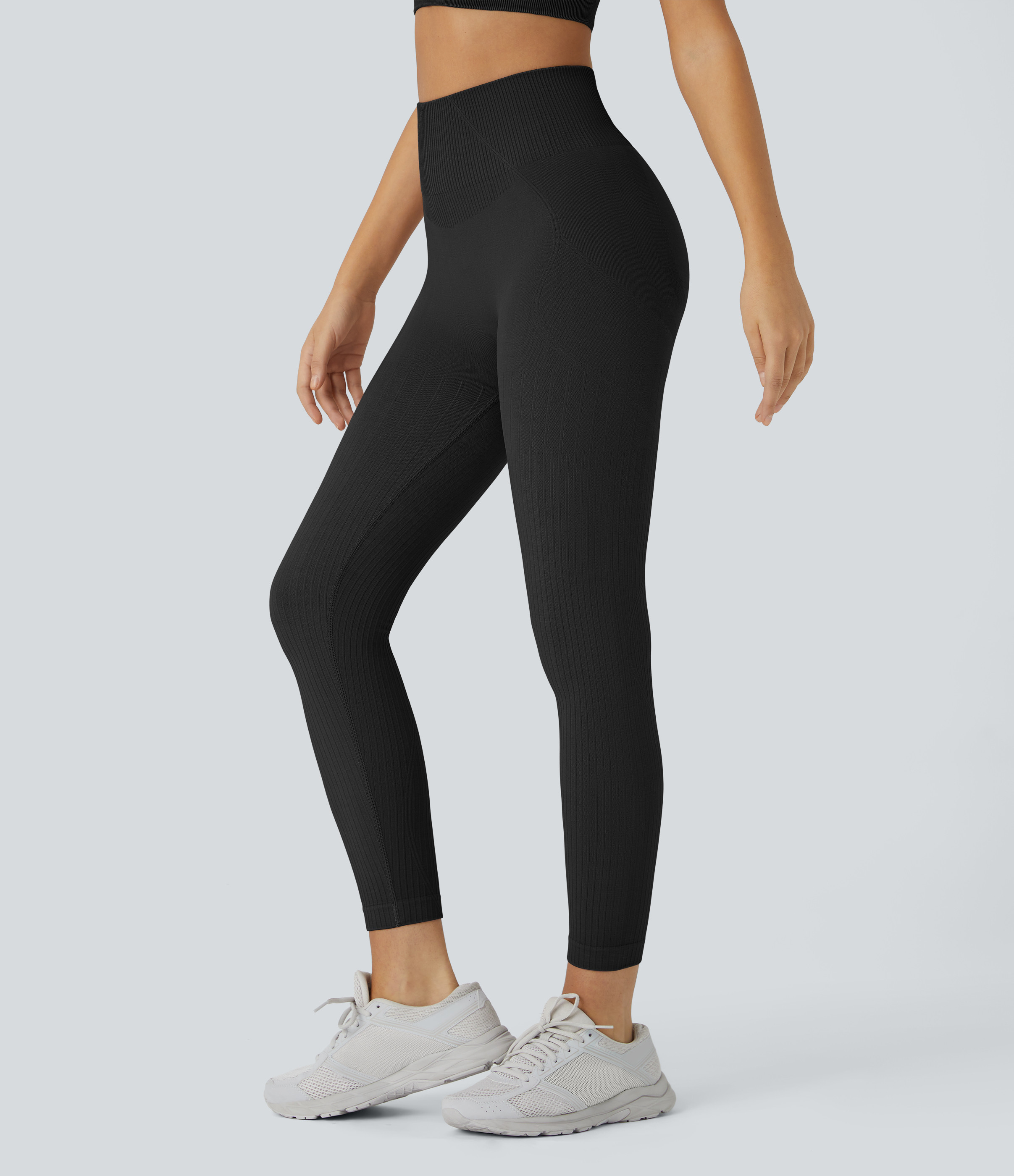 Halara Soft Seamless Flow Ribbed High Waisted Tummy Control Butt Lifting Training Leggings - Black - M(7/8) gym leggings | HALARA