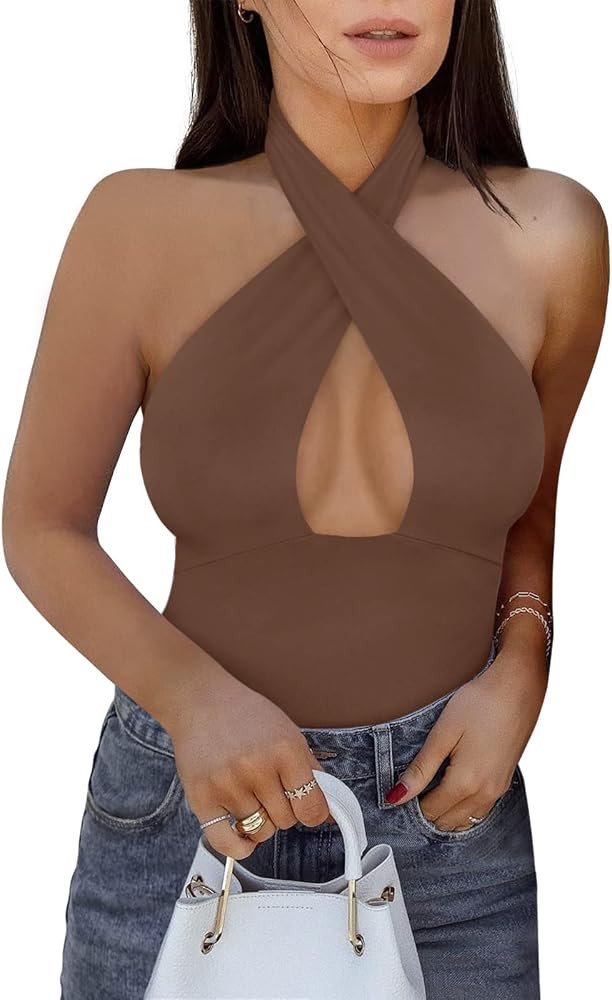 REORIA Butsmooth® Women's Sexy Criss Cross Halter Neck Sleeveless Thong Bodysuits Tops Clubwear | Amazon (US)