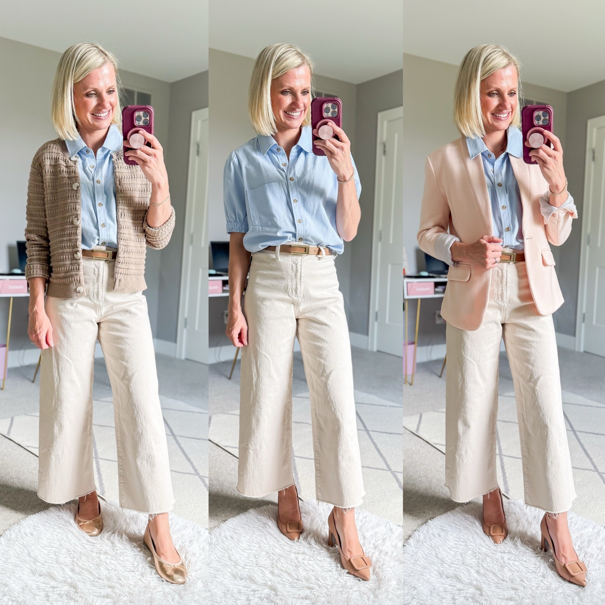 Teacher outfit ideas with a chambray shirt and white pants. Shirt- small || white jeans- 0/I cut the hem  || blazer- xsmall || tan sweater- smalll

#LTKStyleTip #LTKPetite #LTKWorkwear