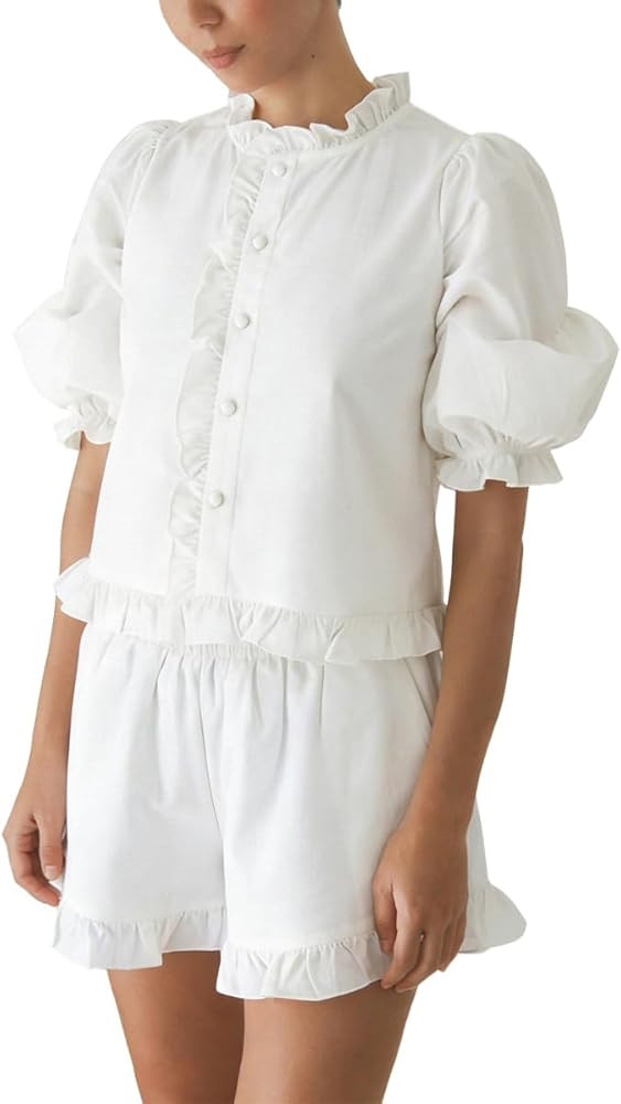 Women's Ruffle Short Set Puff Sleeve Button Down 2 Piece Outfits | Amazon (US)