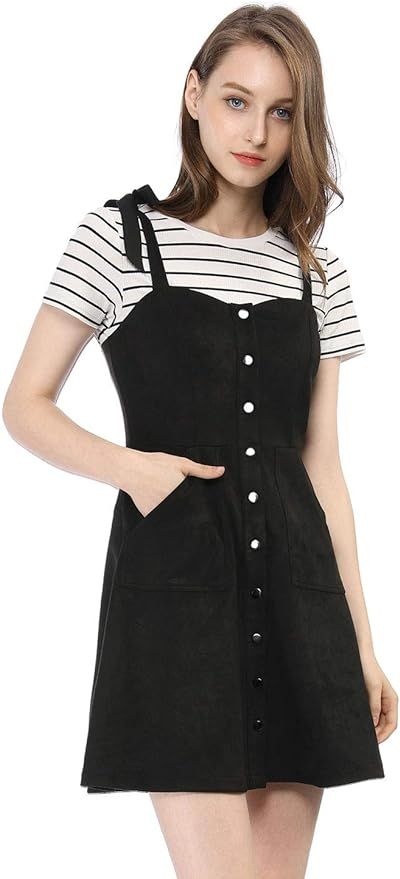 Allegra K Women's Overalls Faux Suede a Line Short Pinafore Button Up Overall Dress | Amazon (US)
