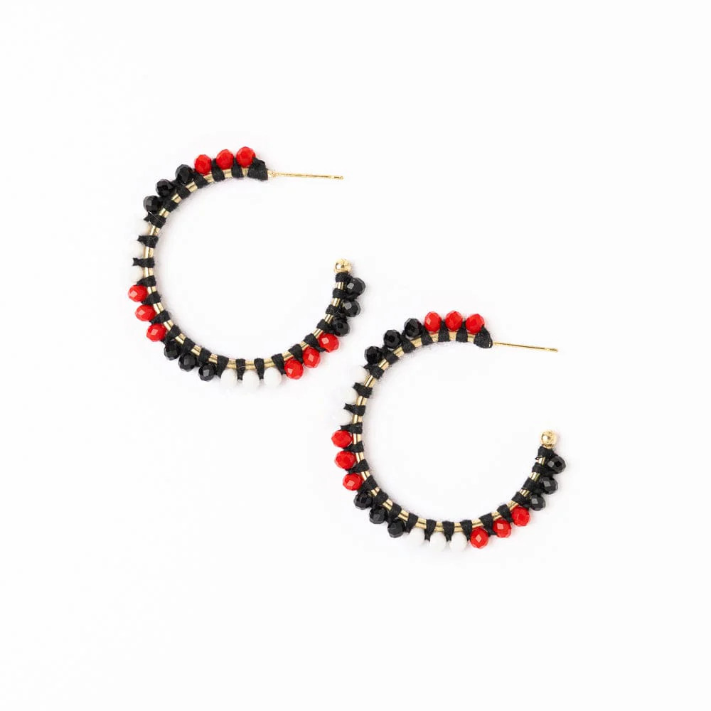 Game Day Crystal Threaded Beads Hoop Earrings Red + Black | INK+ALLOY