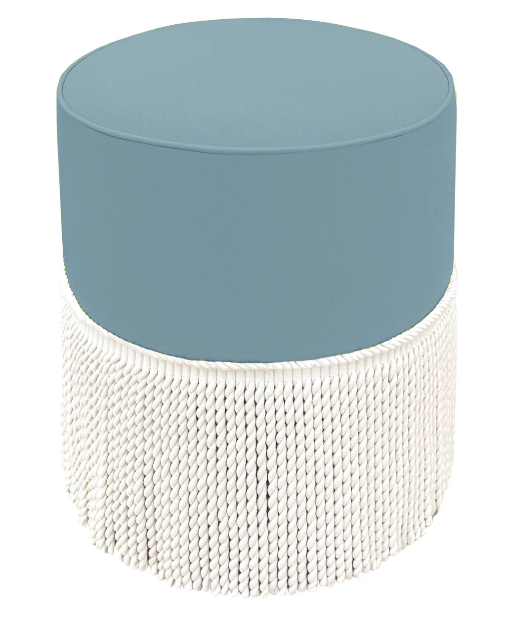 THE TIGHT ROUND OTTOMAN :: CLASSIC LINEN // HYDRANGEA BLUE + BULLION FRINGE | LITTLE DESIGN COMPANY