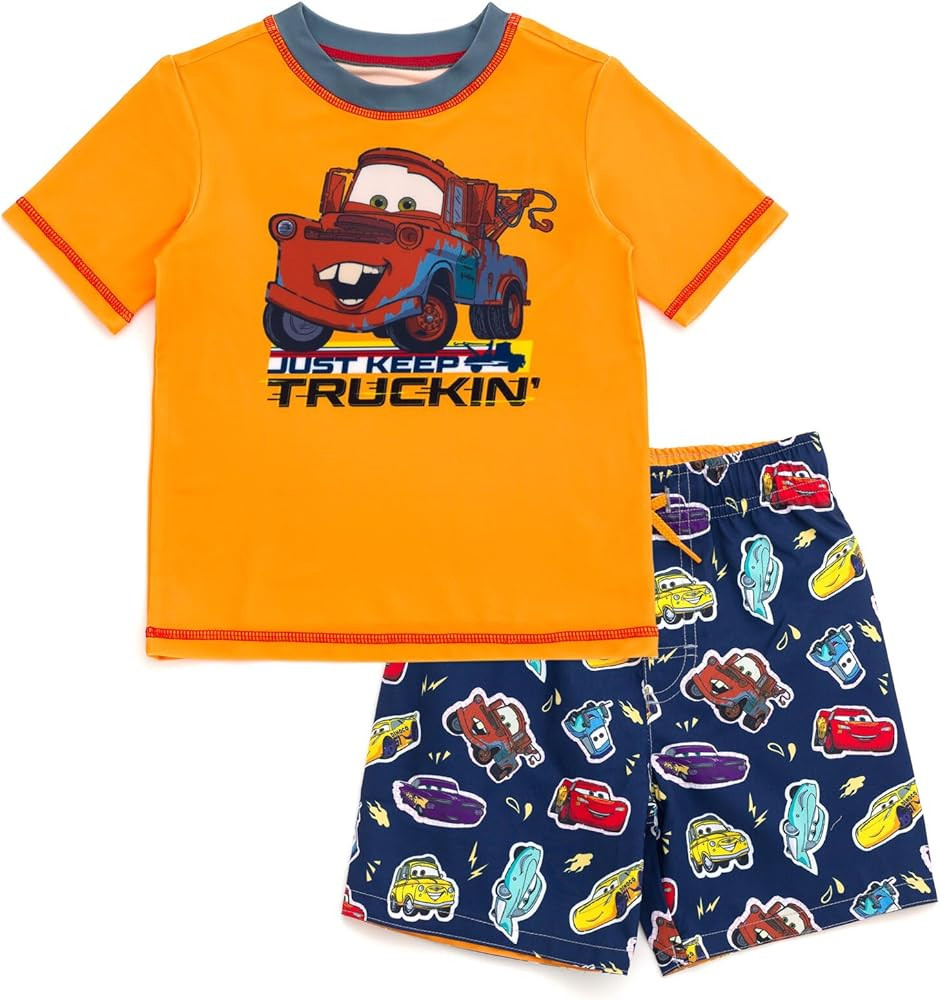 Disney Cars UPF 50+ Rash Guard Shirt and Swim Trunks Outfit Set Toddler to Little Kid Sizes (2T -... | Amazon (US)