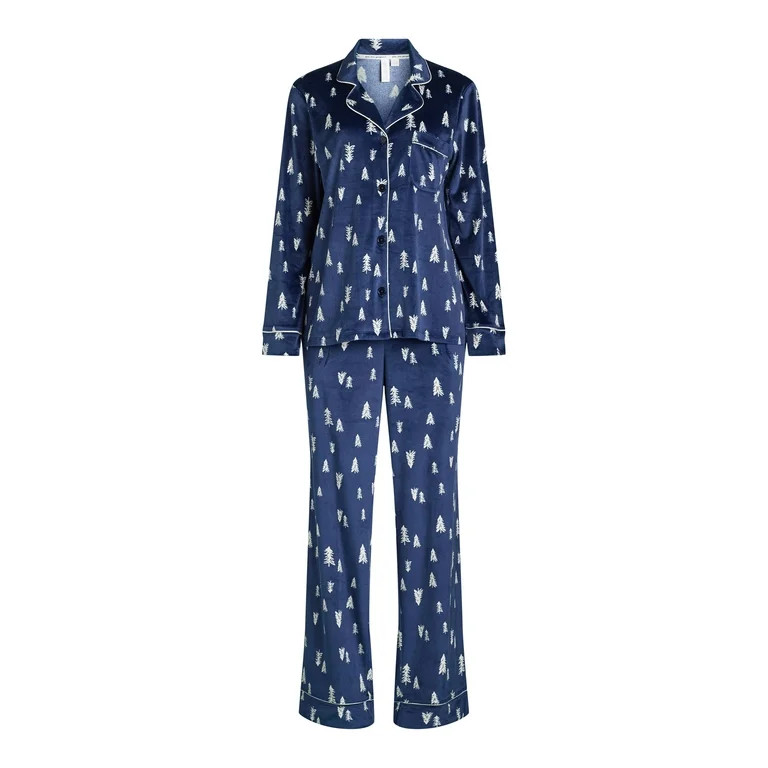 Joyspun Women's Stretch Velour Notch Collar Top and Pants Pajama Set, 2-Piece, Sizes XS-4X | Walmart (US)