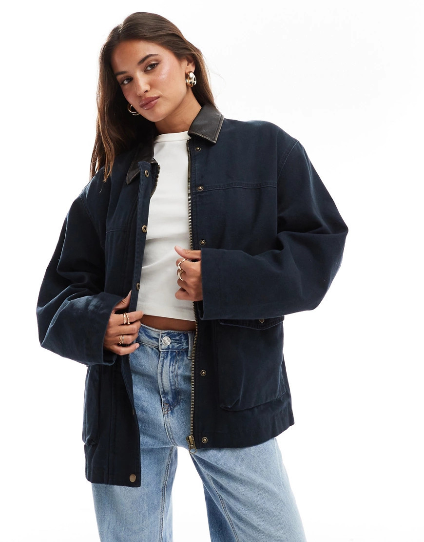 ASOS DESIGN oversized washed jacket with leather look collar in navy | ASOS (Global)
