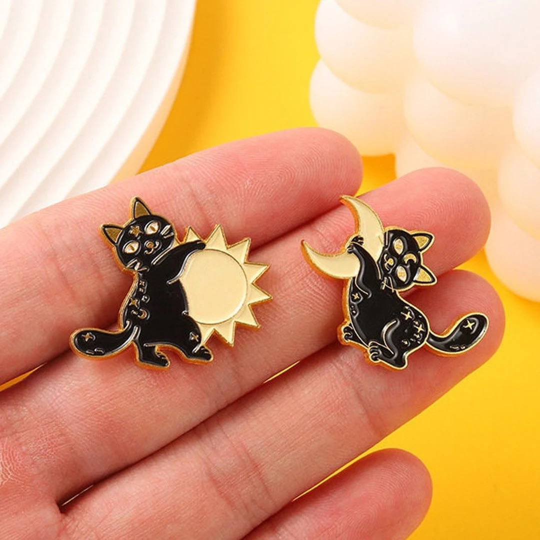 Cartoon Pin|Punk Black Cat Pin |Anime Pin|Hard Enamel Pi |Black Cat with Moon&Sun Pin| Pin Set|En... | Etsy (US)