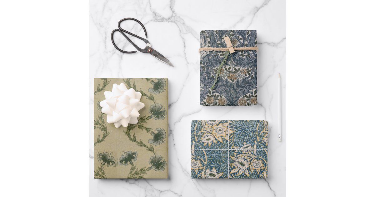 Floral Morris Blue Brown Vintage Flowers Patterns Wrapping Paper Sheets | Zazzle