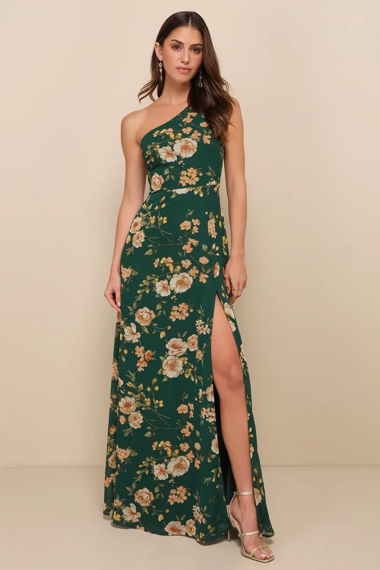 Elegant Admiration Emerald Green Floral One-Shoulder Maxi Dress | Lulus