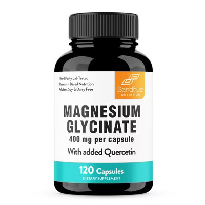Sandhu's Magnesium Glycinate 400mg Capsules with Quercetin (120 capsules) for Quality Sleep, Relaxation, Muscle, Bone Health & Immune Support | Target