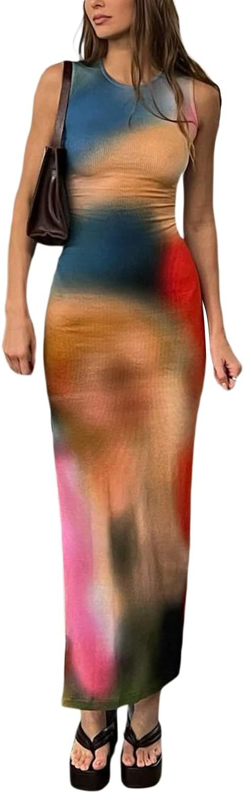 Miqil Women's Sexy Bodycon Maxi Dress Tie Dye Print Sleeveless Crewneck Slim Fit Full Length Tank... | Amazon (US)