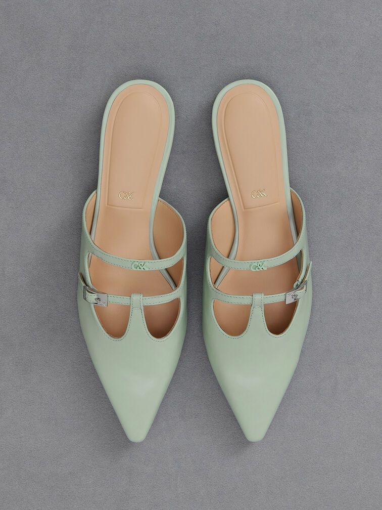 Mint Green Leather T-Bar Double-Strap Mules | CHARLES & KEITH UK | Charles & Keith UK