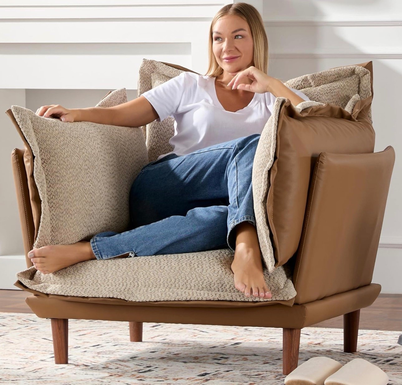 Oversized Armchair Accent Chair Reading Chair with 4 Cushions,Single Sofa Lounge Living Room Chair with Feather and Doll-Cotton,43.5' Width,21.3'' Seat (Brown