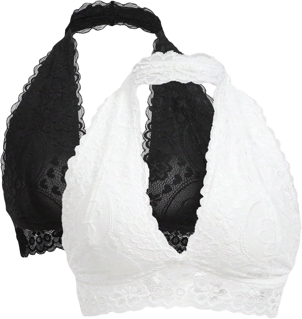 SOLY HUX Women's 2 Piece Halter Lace Bralette Bra | Amazon (US)