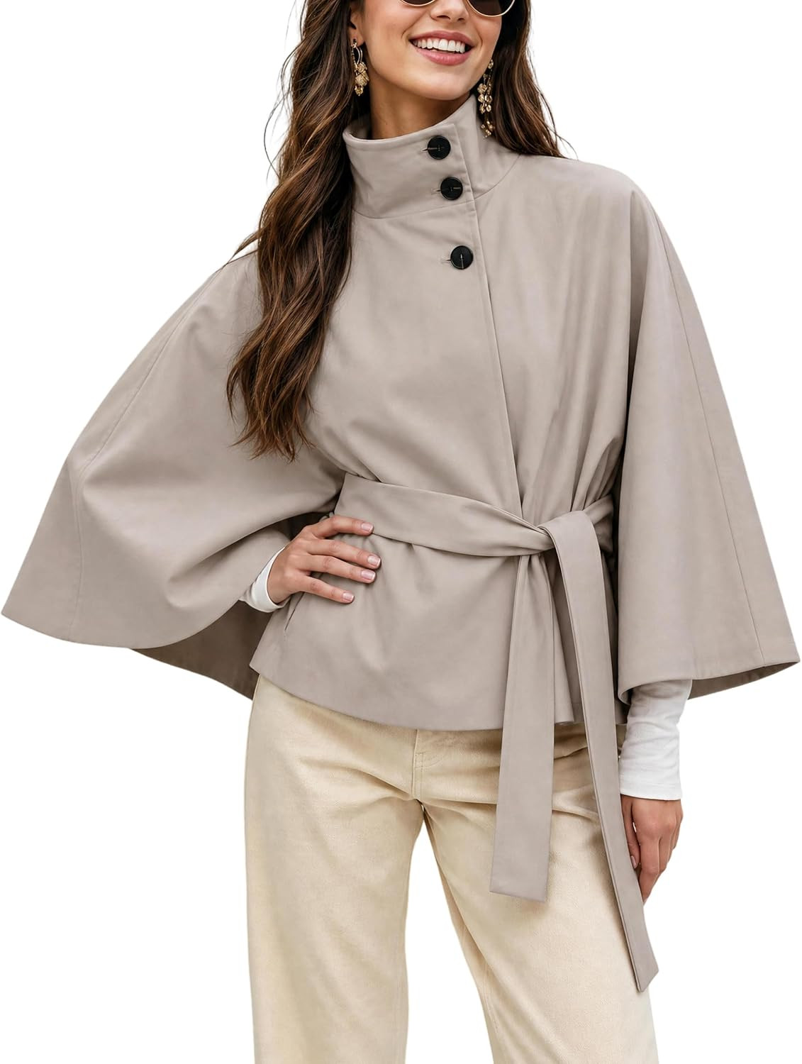 Dqbeng Womens Cape Trench Jacket Funnel Neck Belted Short Coat | Amazon (US)