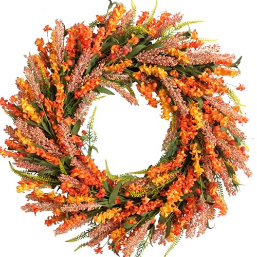 26 Inch Fall Flower Wreath for Front Door, Autumn Yellow Orange Forsythia Flower Indoor Outdoor Wreath with Berries Foam Leaves | Amazon (US)