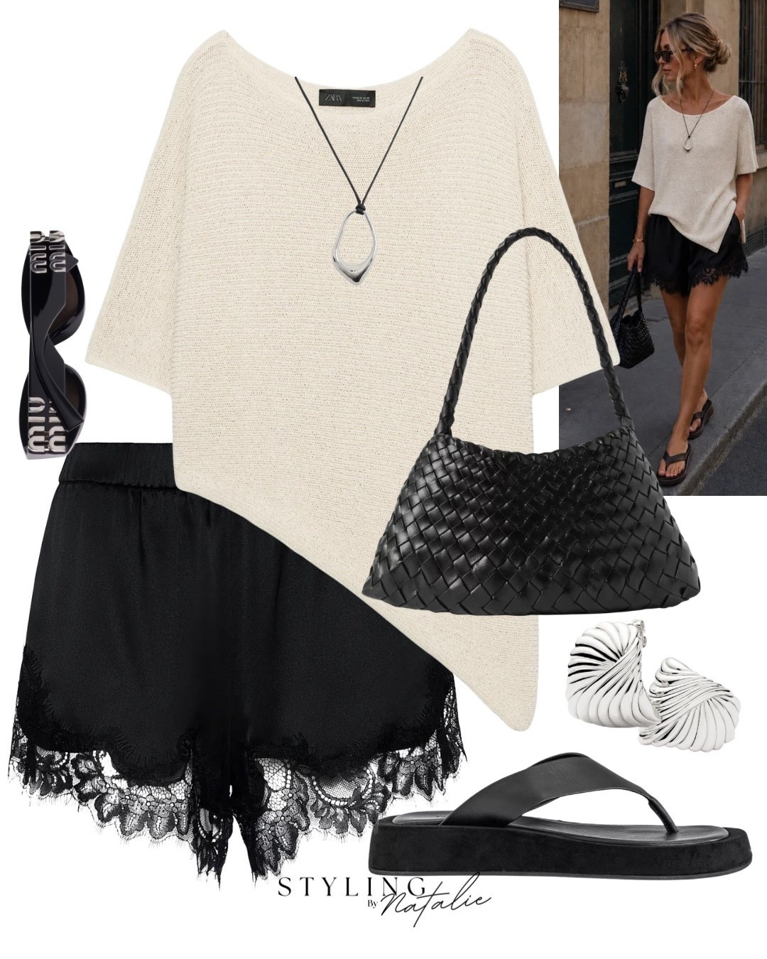 Asymmetrical knit top, woven bag, black satin lace shorts, thong sandals with wedge & Miu Miu sunglasses.
 Casual chic, summer style, holiday outfit, Zara style @Zara

#LTKsummer #LTKeurope #LTKshoes