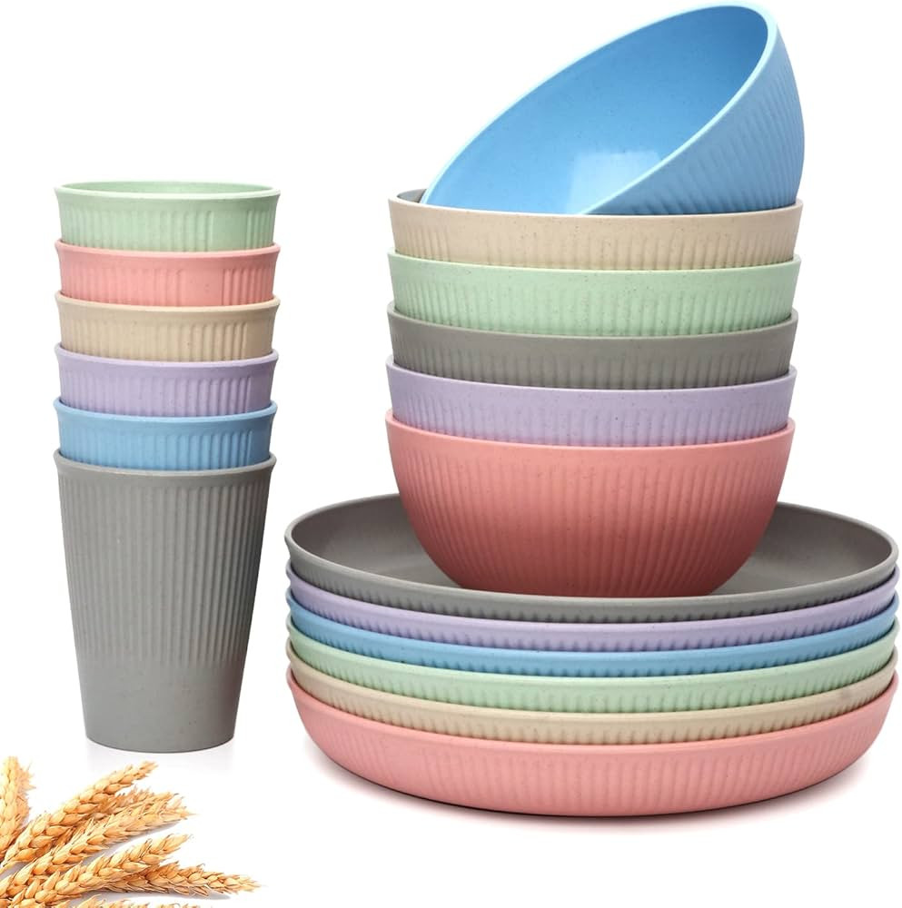 Wheat Straw Dinnerware Set, 18 Pcs Unbreakable Reusable Plates, Cups and Bowls Set for 6, Lightwe... | Amazon (US)