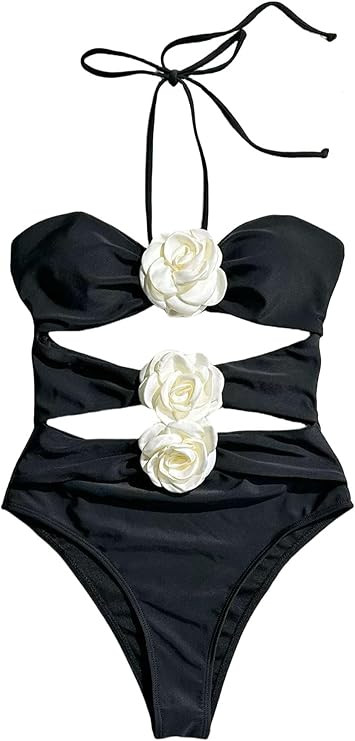 Women's One Piece Halter Top with Flower Decoration Bikini Sexy Bathing Swimsuits | Amazon (US)
