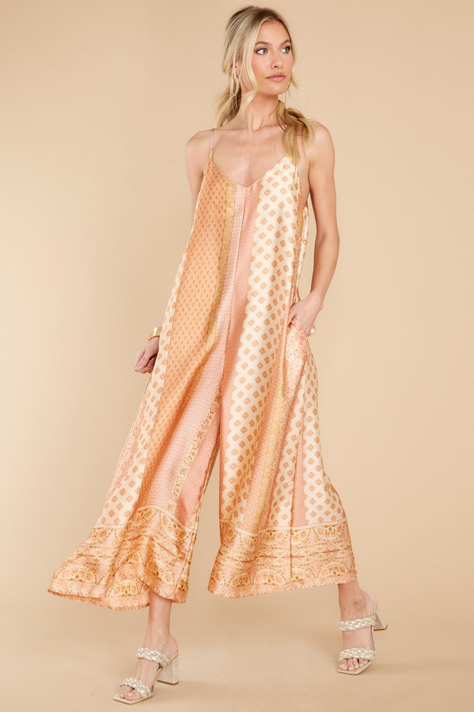 Going Abroad Apricot Multi Print Jumpsuit | Red Dress 