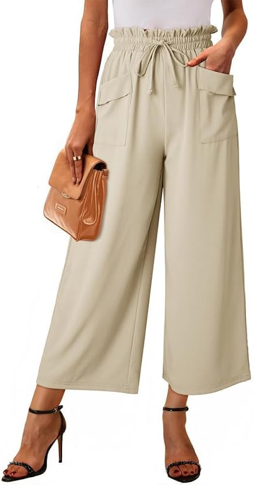 Dokotoo Womens Summer Wide Leg Casual Cropped Pants Elastic High Waisted Drawstring Trousers | Amazon (US)