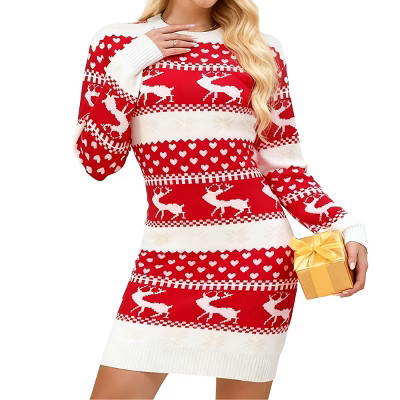 Womens Christmas Sweater Dress 2025 Festive Color Block Strip Reindeer Sweater Dress Crew Neck Stretchy Soft Mini Sweater Dress,Red - XL | Target