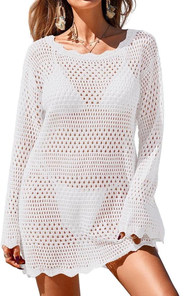 Womens Crochet Swimsuit Beach Cover Up 2026 Long Sleeve Mesh Knit Bathing Suit Swim Coverups Mini... | Amazon (US)