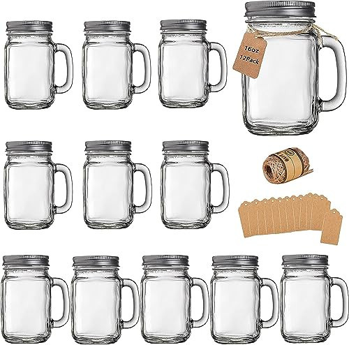 Mason Jar Cups, Mason Jars With Handle And Lids, Drinking Glasses Cups, Glass Mugs with Handles 16 oz –12 Pack | Amazon (US)