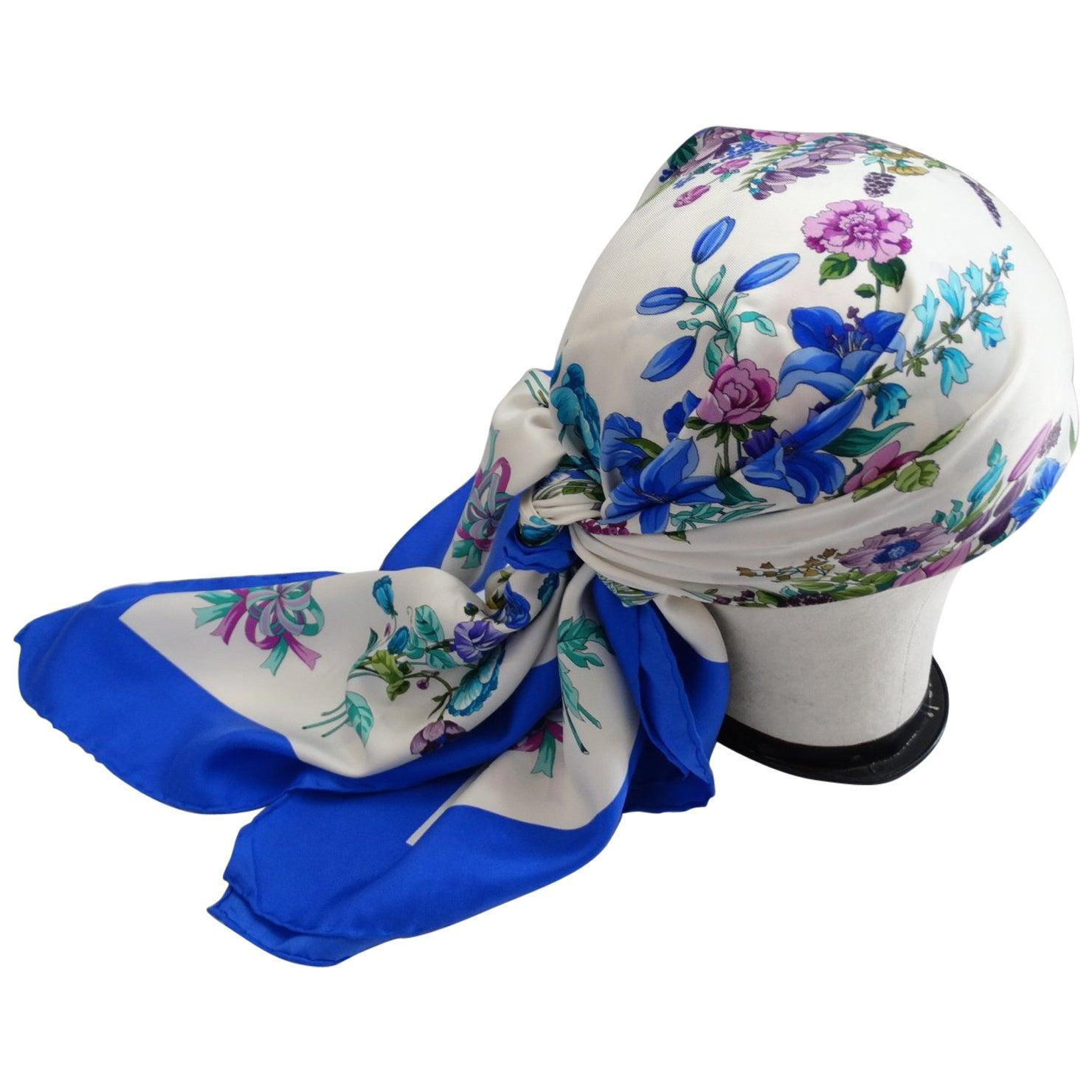 Gucci Blue Floral Silk Scarf, 1980s | 1stDibs