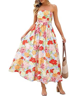 MEROKEETY Women's Summer Floral Maxi Dresses 2026 Strapless Tube Smocked Tie Boho Beach Wedding G... | Amazon (US)