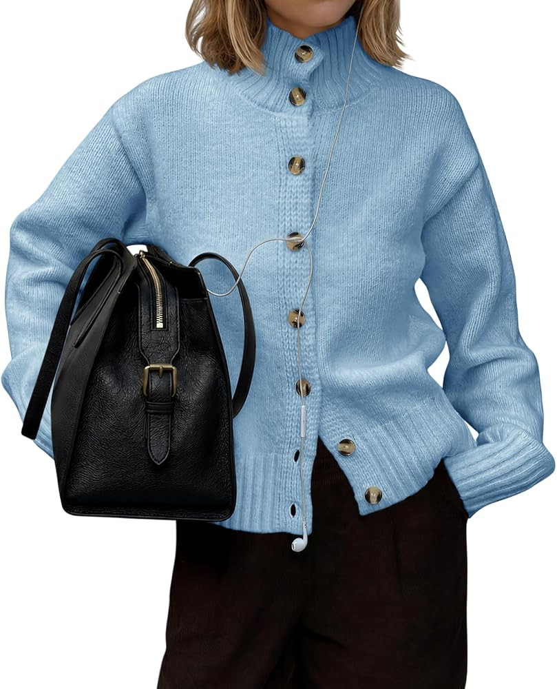 Saodimallsu Womens Mock Neck Cardigans Casual Button Up Knit Fall Sweaters | Amazon (US)