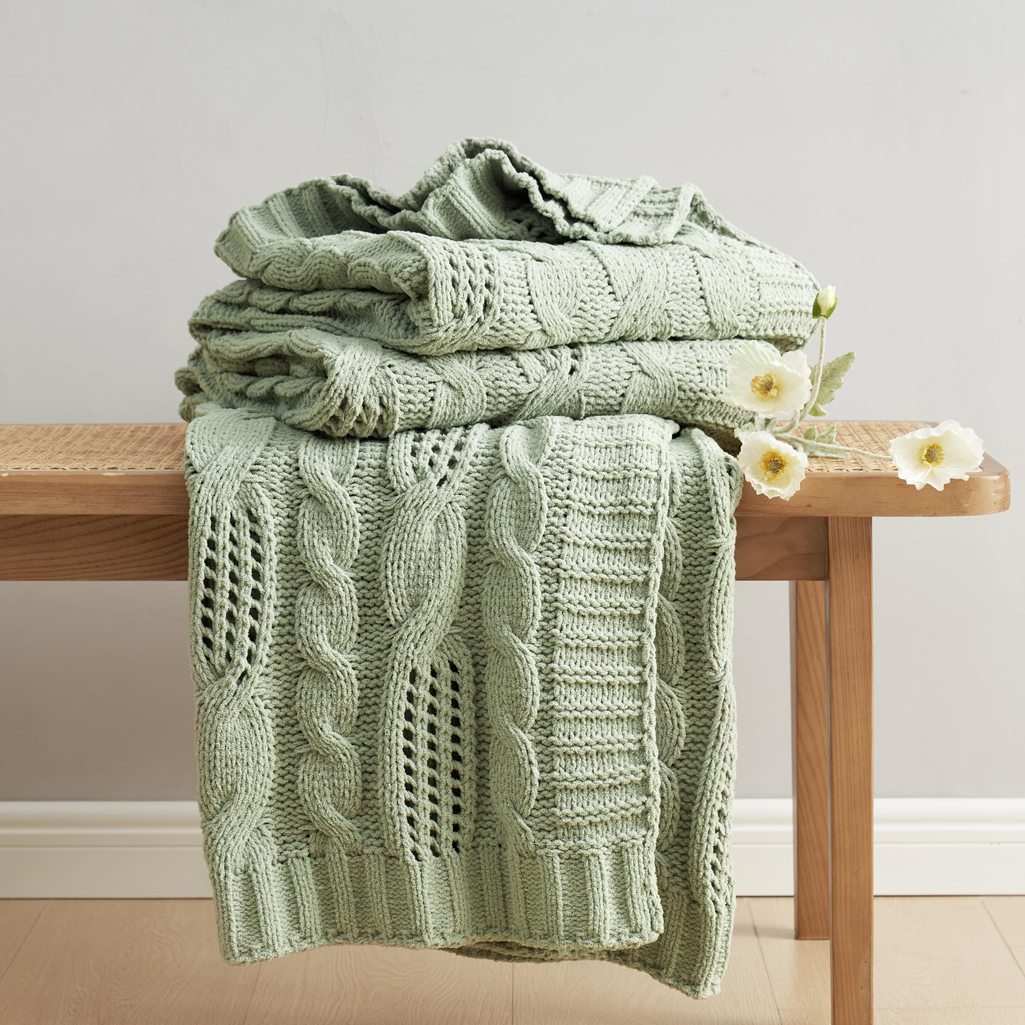 Amélie Home Chunky Knit Chenille Throw Blanket, Breathable Cable Knitted Blanket for Couch, Farmhouse Decorative Throw for Sofa Chair Bed,Sage Green,50 x 60 inch | Amazon (US)