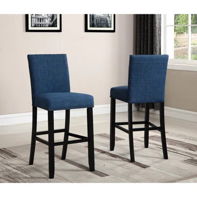 2Pcs Bar Stools With Blue Upholstery And Nailhead Trim - Hardwood Structure, 23"X16"X44"H, Seat, Dark Fabric Of 2 W/ Hardwood, Linen Cotton Upholstery | Wayfair North America