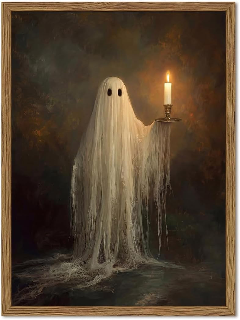 Vintage Framed Halloween Ghost Wall Art, Dark Academia Gothic Wall Decor, Ghost Holding Candle Canvas Print, Retro Spooky Haunted Picture for Bedroom Living Room Decor 8x10in | Amazon (US)