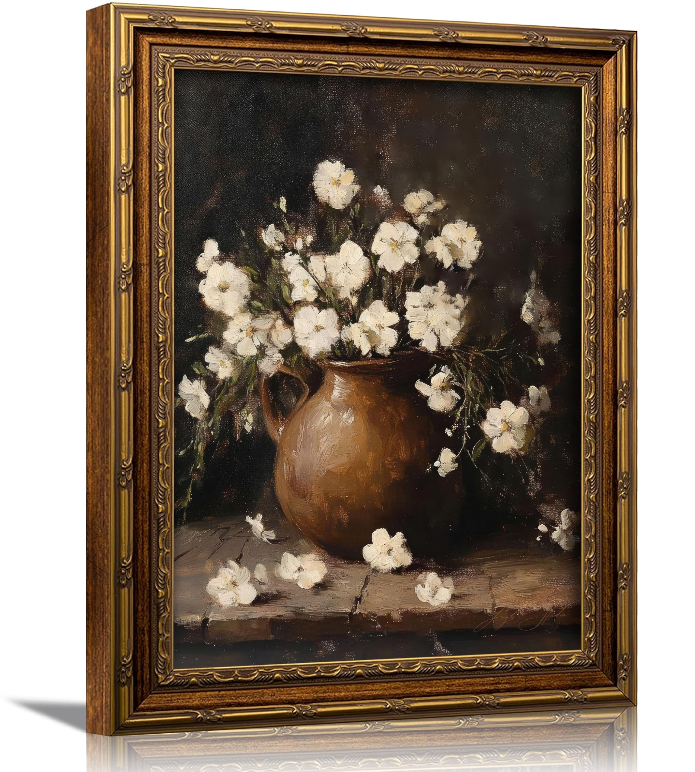 3D Textured Canvas Wall Art Vintage Carved Gold Frame Vintage Rustic Farmhouse Floral White Flora... | Amazon (US)