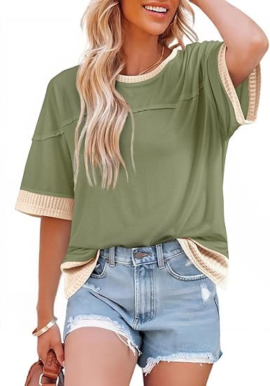 Dokotoo Womens Summer Tops Casual Oversized Short Sleeve T Shirts Crewneck Color Block Side Slit ... | Amazon (US)