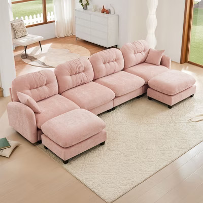4-Seaters Pink Modular Sectional U Shaped Couch with 2 Ottomans Soft Chenille Fabric for Living Rooms | Target